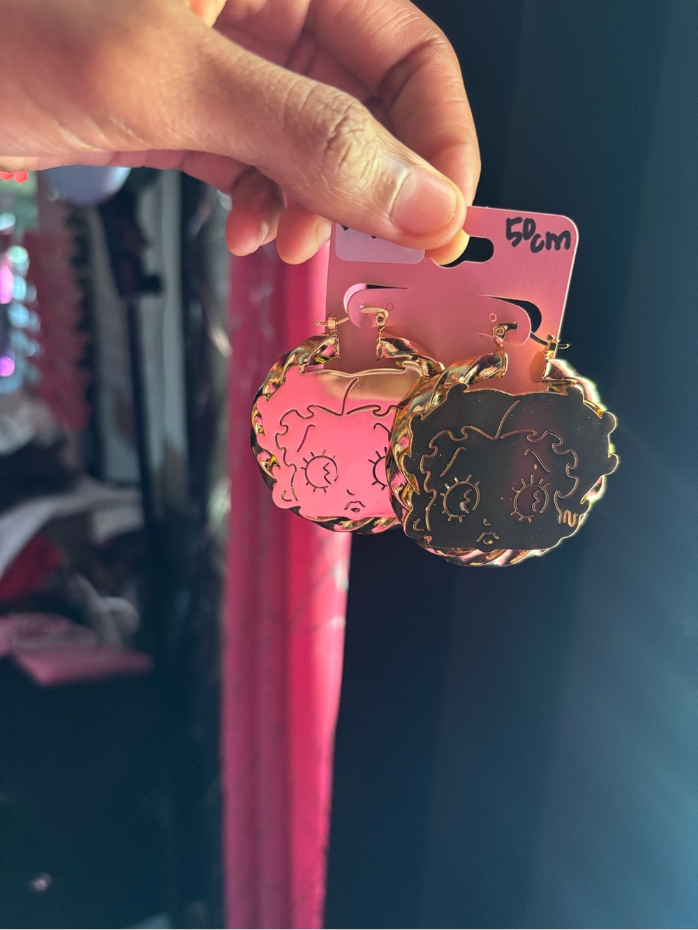 Gold Betty Boop Face Hoop Earrings - Pink and Black